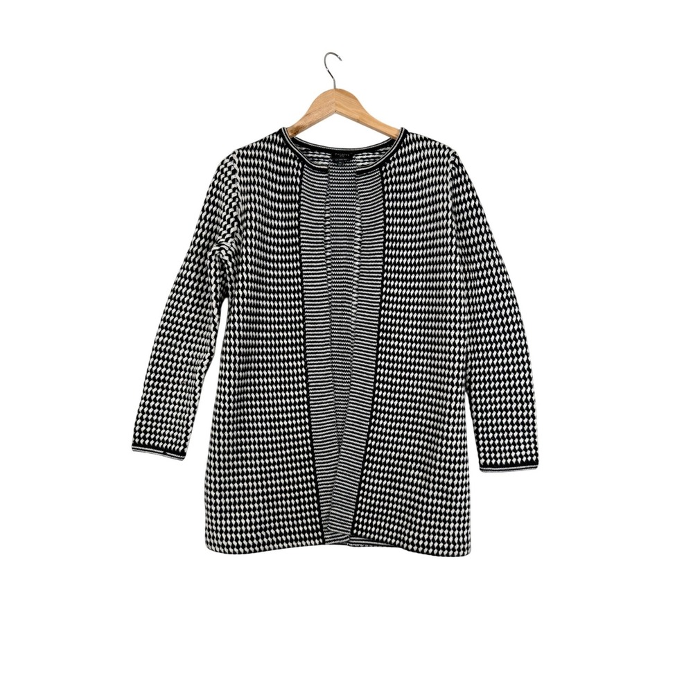 Talbots Cardigan Sweater Womens S Petite Black White Merino Wool‎ Open Front
